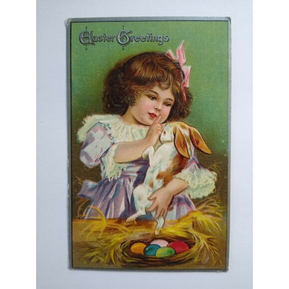 Antique Easter Greeting Postcard Bunny Girl Pastel Eggs Winsch Back Rome NY 1908 - Picture 2 of 6